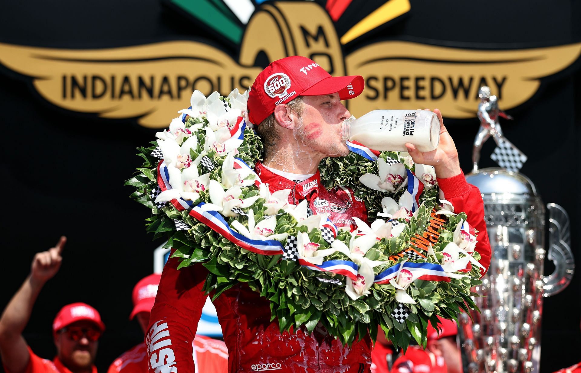 Marcus Ericsson celebrating with milk after winning the 2022 running of the Indianapolis 500